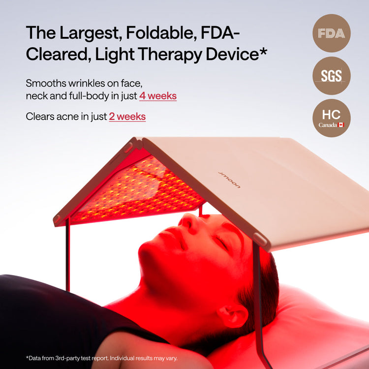 Person receiving light therapy with a device, featuring FDA and SGS logos.