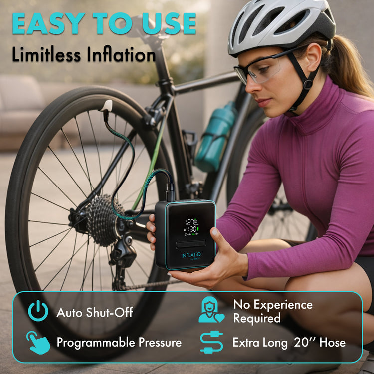 Woman using a bicycle pump with text highlighting features like 'Easy to Use' and 'Limitless Inflation'.