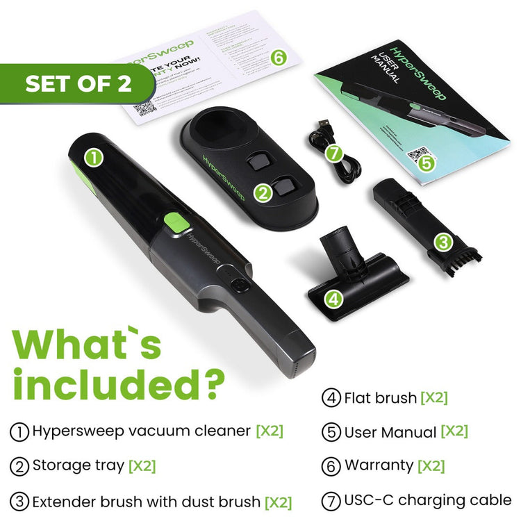 Hypersweep vacuum cleaner set with accessories and user manual on a white background