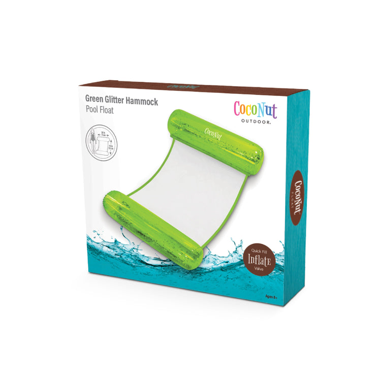 Green glitter hammock pool float packaging with CoCoNut Outdoor branding on a white background