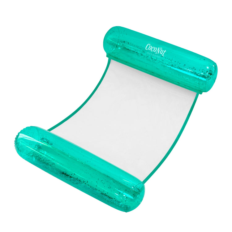 Turquoise inflatable pool float with white center on a white background