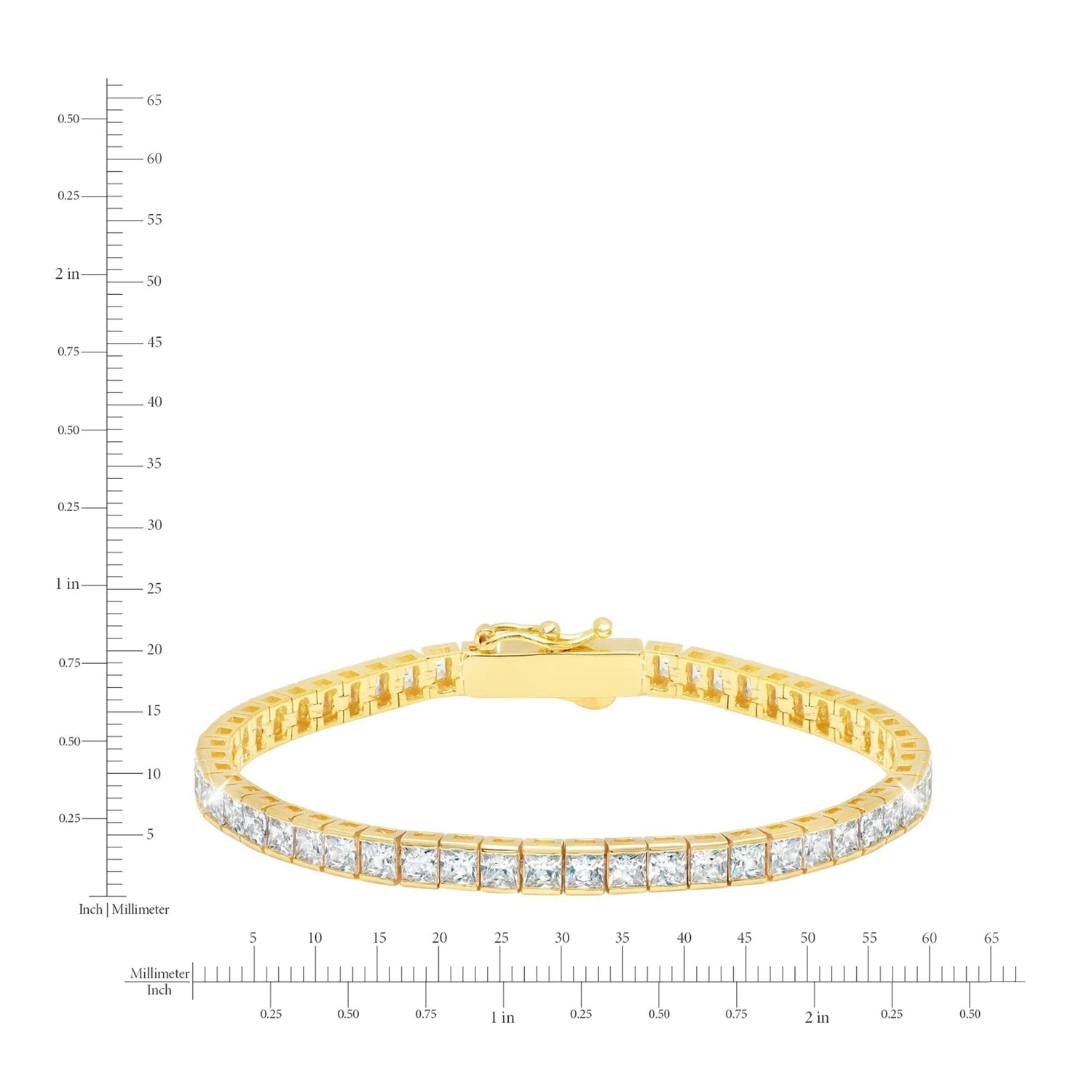 Gold bracelet with diamonds on a white background with measurement scale