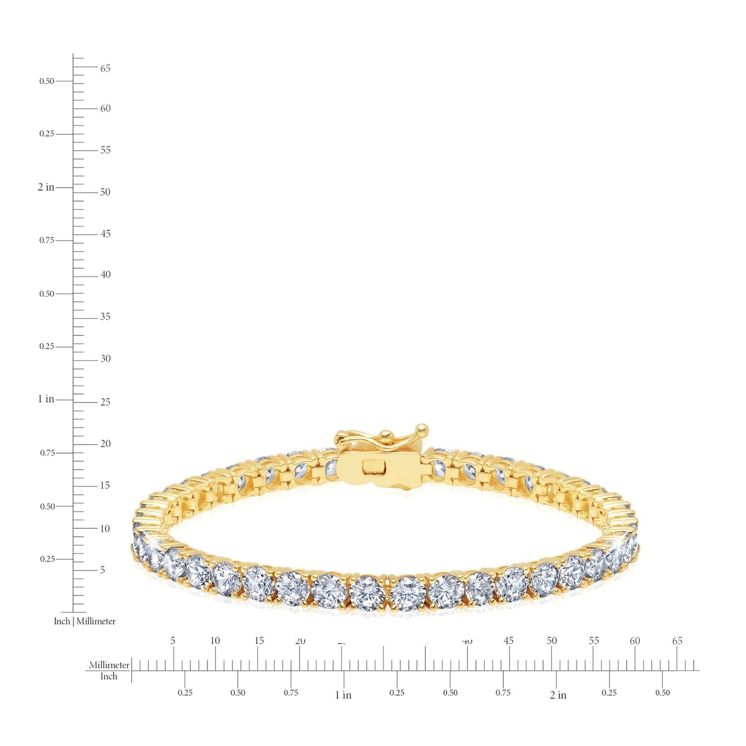 Gold bracelet with diamonds on a white background with measurement scale