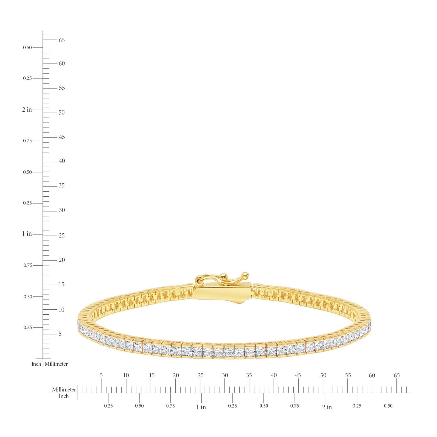 Gold bracelet with diamonds on a white background with measurement scale