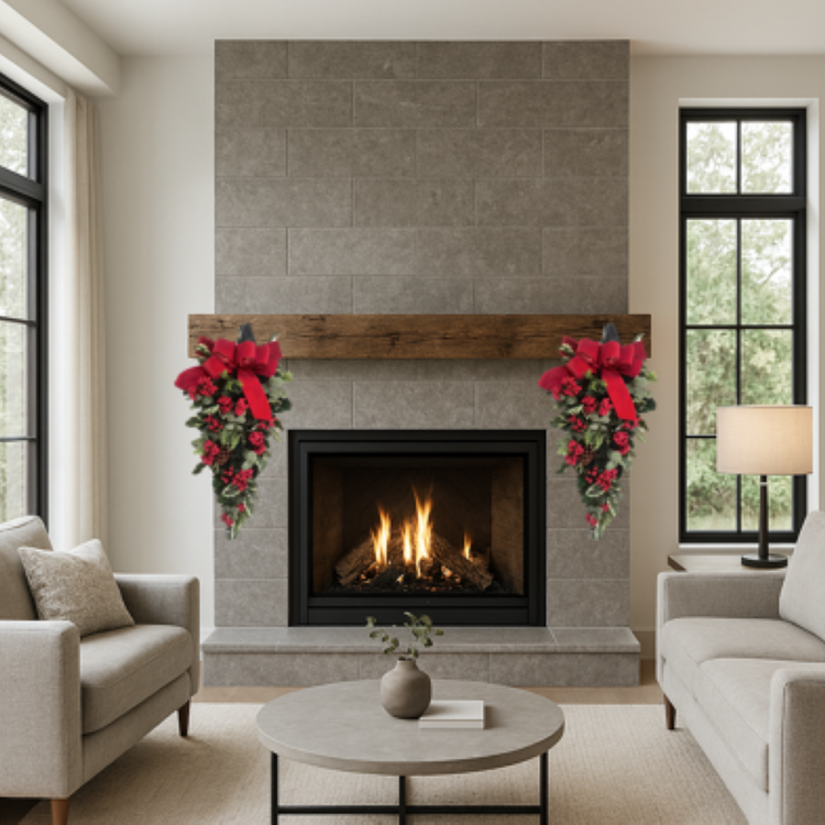 Living room with a fireplace decorated for Christmas, surrounded by beige furniture and large windows.