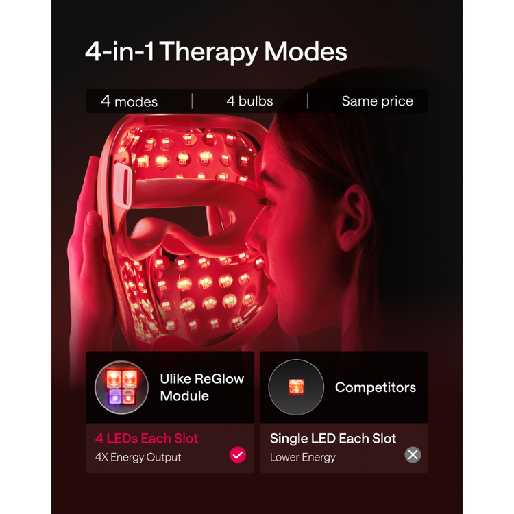 Red light therapy device with text on 4-in-1 therapy modes and module comparison.