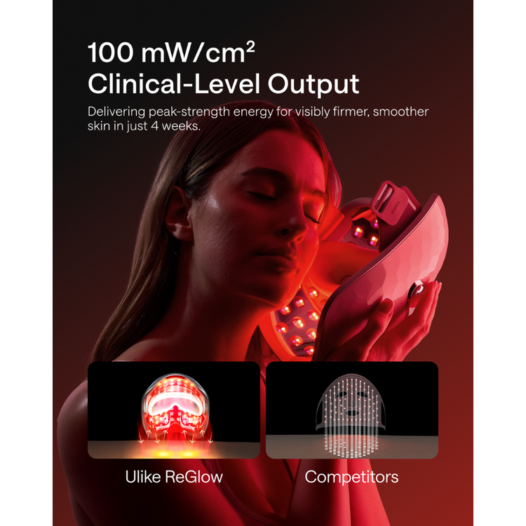 Woman holding a red device with text about clinical-level output and Ulike ReGlow branding.