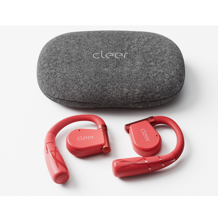 Open-ear wireless earbuds with ear hooks and a charging case, predominantly black with red accents.