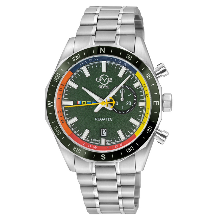 GV2 Men's Regatta Swiss Quartz Watch with stainless steel band and multicolored dial including a tide cycle indicator and a date window.