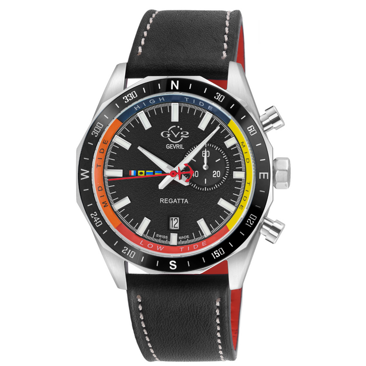 GV2 Men's Regatta Swiss Quartz Watch with stainless steel band and multicolored dial including a tide cycle indicator and a date window.