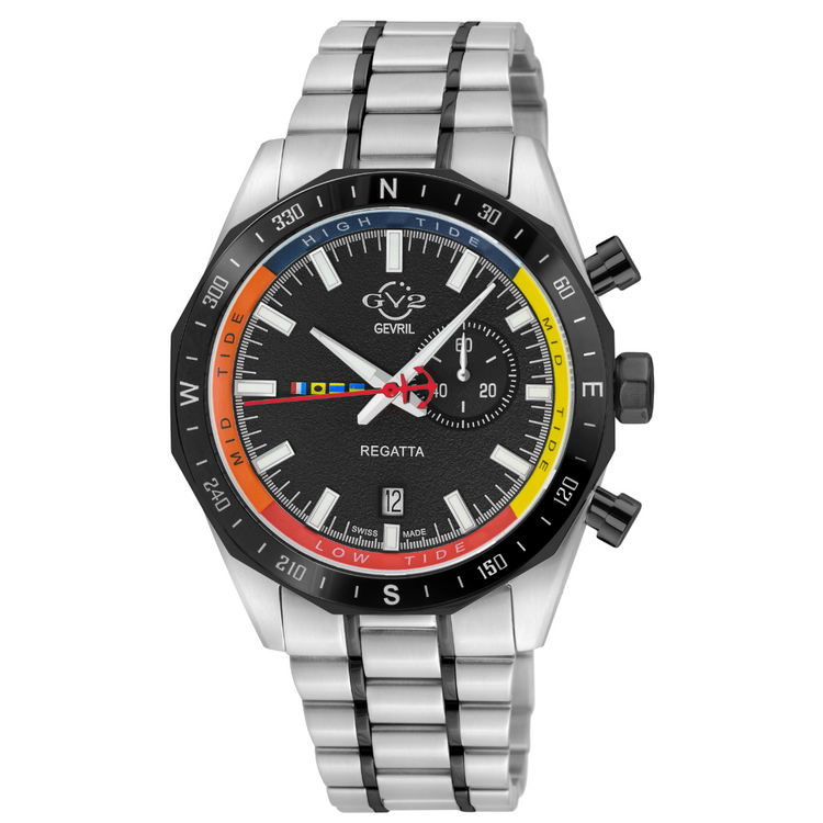 GV2 Men's Regatta Swiss Quartz Watch with stainless steel band and multicolored dial including a tide cycle indicator and a date window.