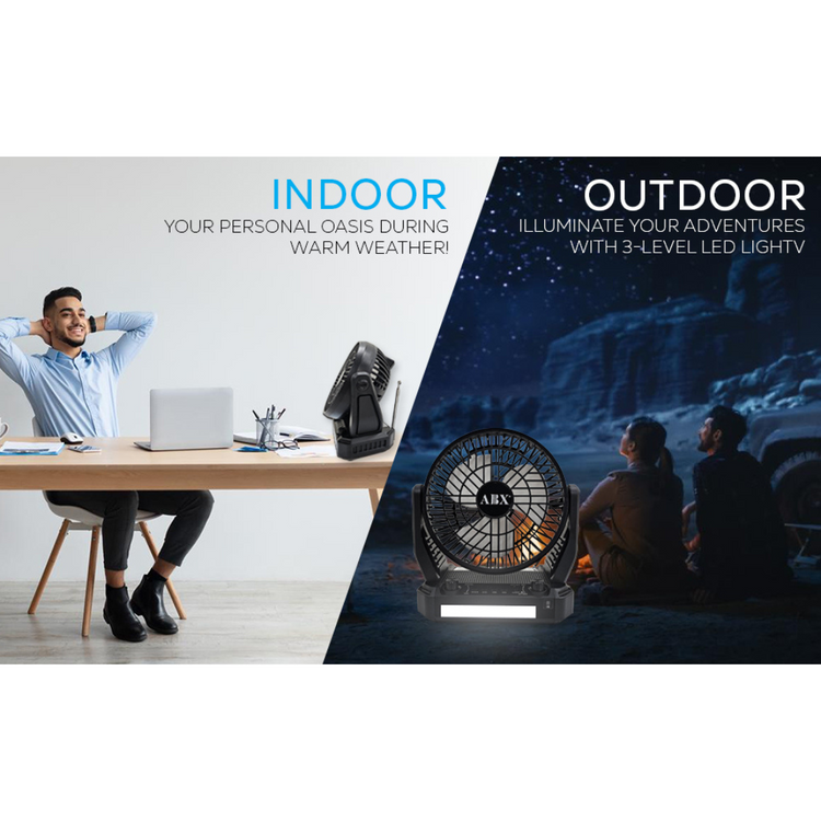 Two scenes showing a person at a desk with a laptop and a person outdoors by a car, with text indicating indoor and outdoor use.