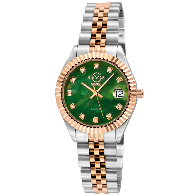 Watch with green face and rose gold accents on a white background