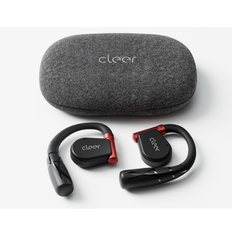 Open-ear wireless earbuds with ear hooks and a charging case, predominantly black with red accents.