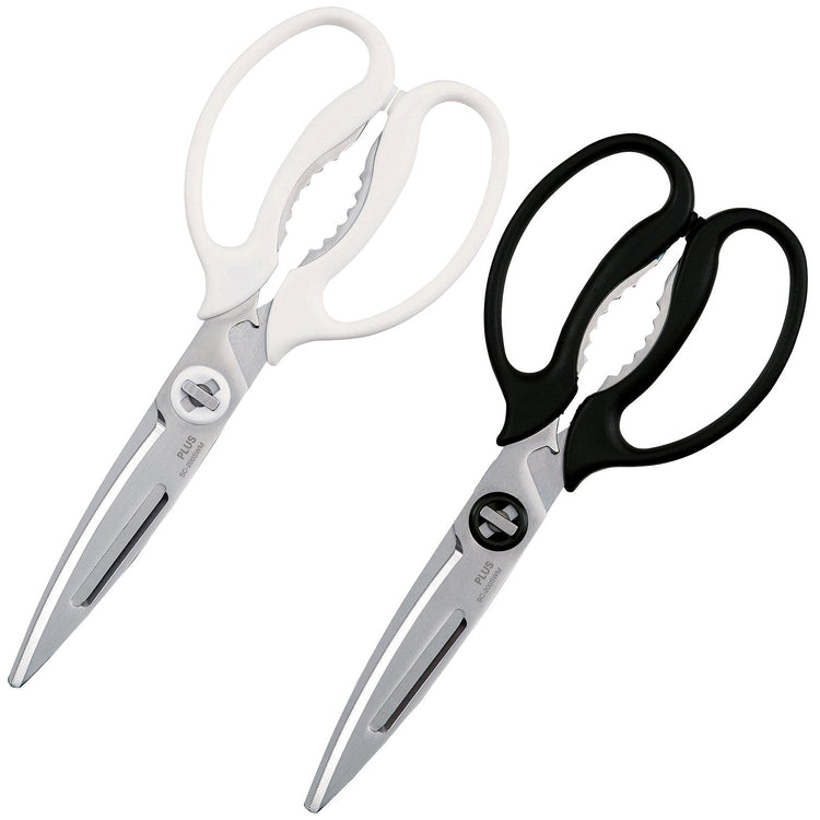 Two pairs of kitchen shears/scissors shown on a plain white background, one with white handles and one with black handles, both with silver metal blades.