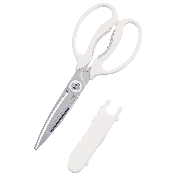 White-handled scissors with a sheath on a white background