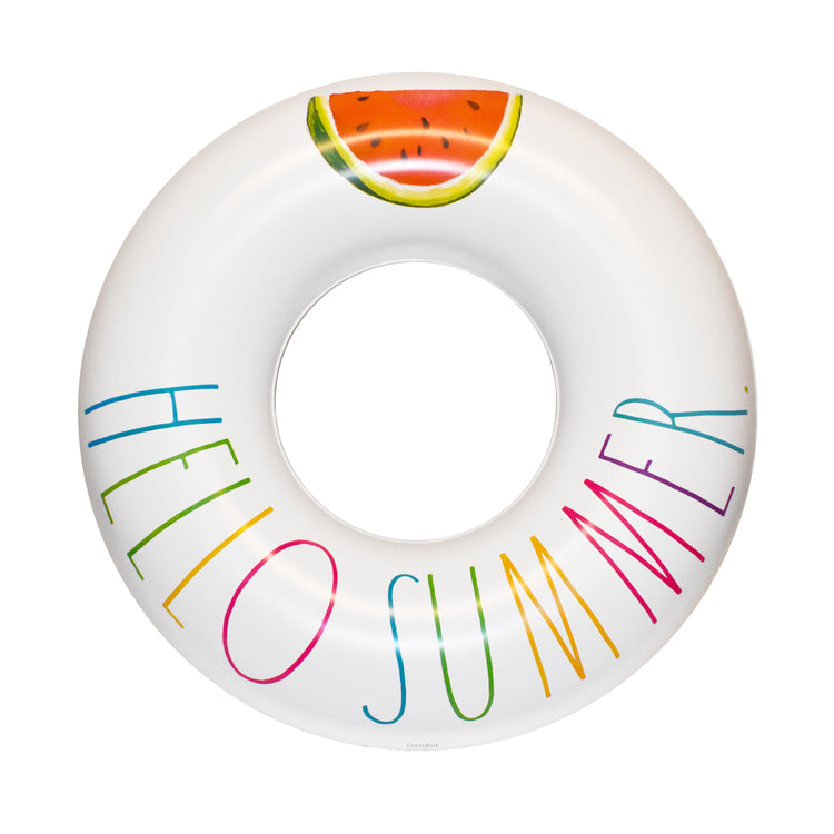 Inflatable pool ring with 'Hello Summer' text and watermelon design on a white background