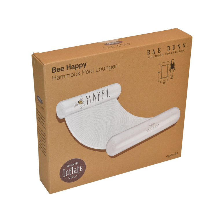 Box packaging of a Rae Dunn Bee Happy Hammock Pool Lounger on a white background