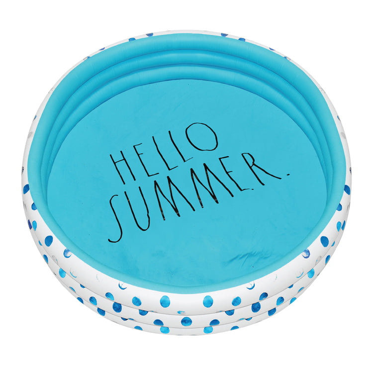 Inflatable pool with 'Hello Summer' text on a white background