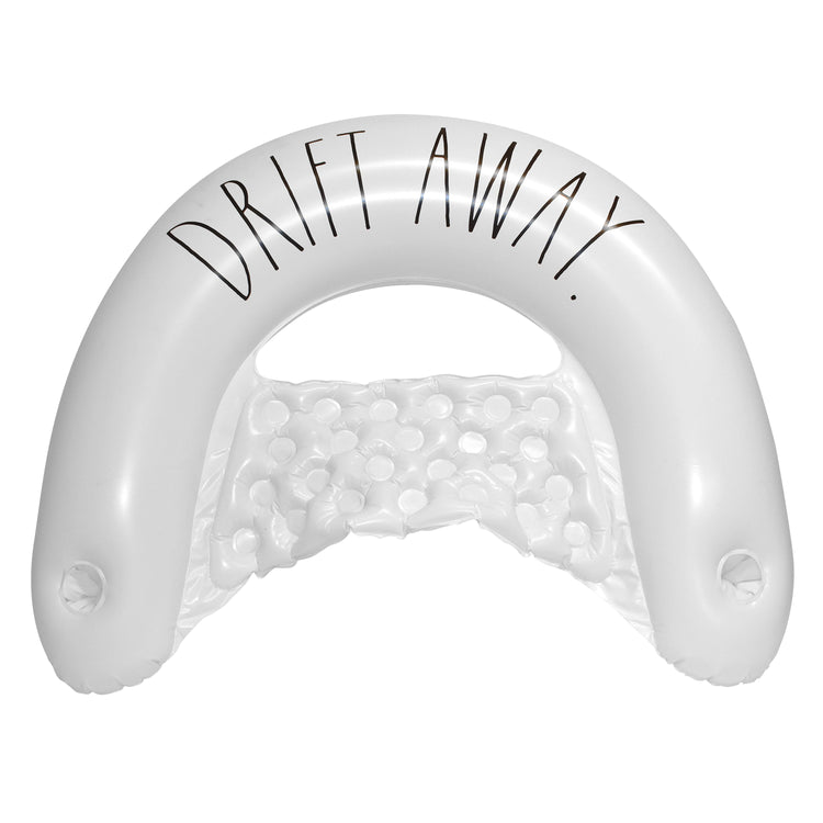 White inflatable pool toy with 'Drift Away' text on a white background