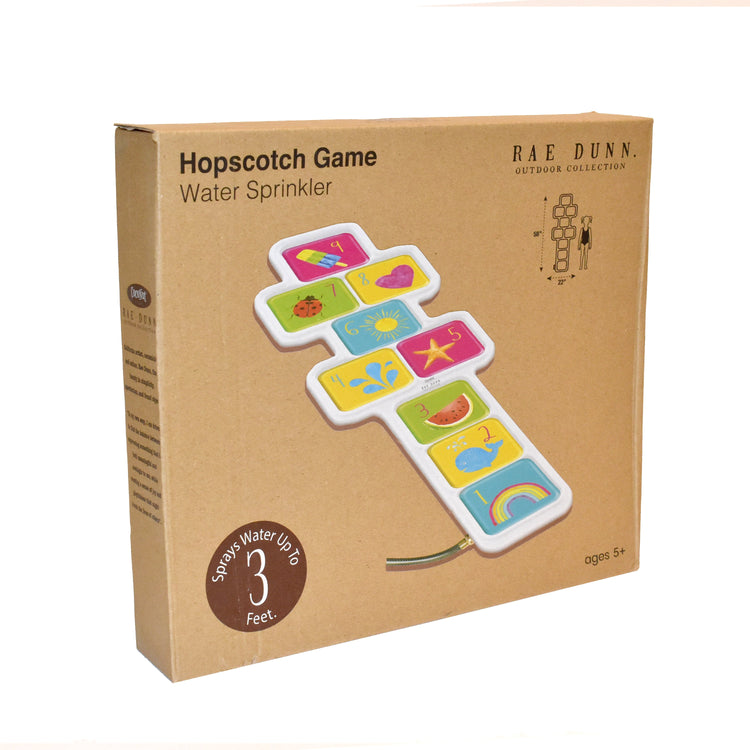 Box of a hopscotch game water sprinkler with colorful design on a white background