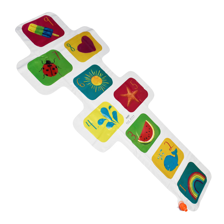 Colorful children's toy with various symbols on a white background