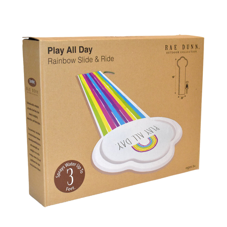 Box packaging of a 'Play All Day' rainbow slide and ride product by Rae Dunn.