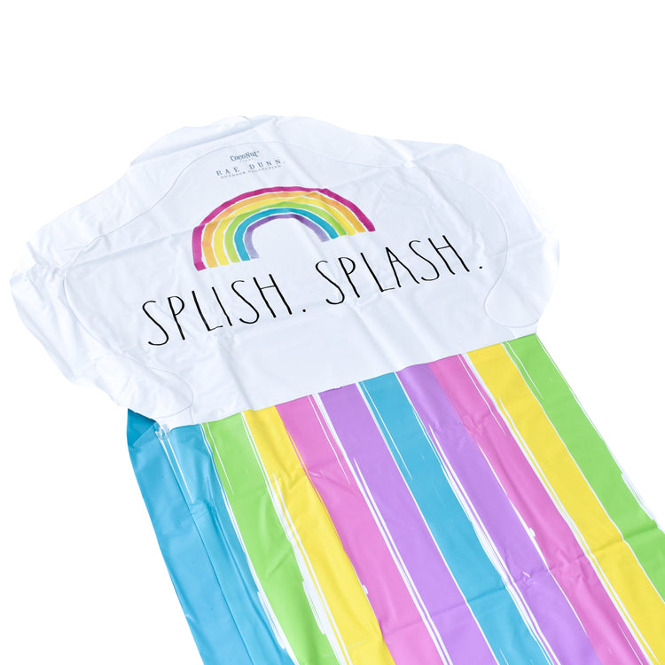 Inflatable rainbow pool mat with 'Splish Splash' text on a white background