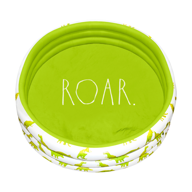 Green pet bowl lid with 'ROAR' text and white base with green dinosaur prints on a white background