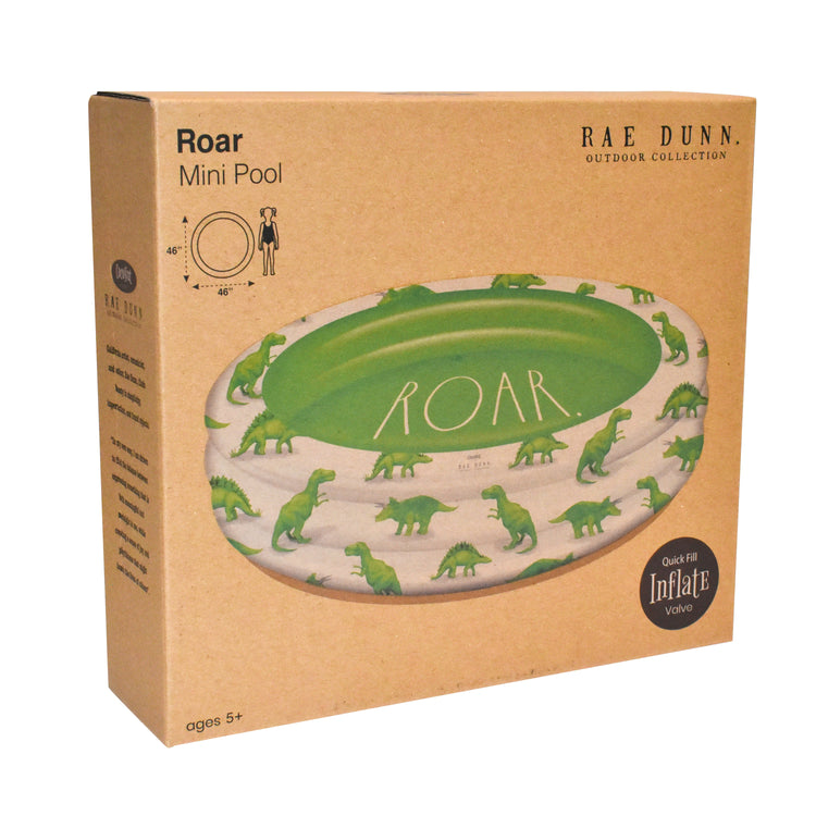 Box packaging of a 'Roar' mini pool with dinosaur illustrations, featuring the brand 'Rae Dunn'.