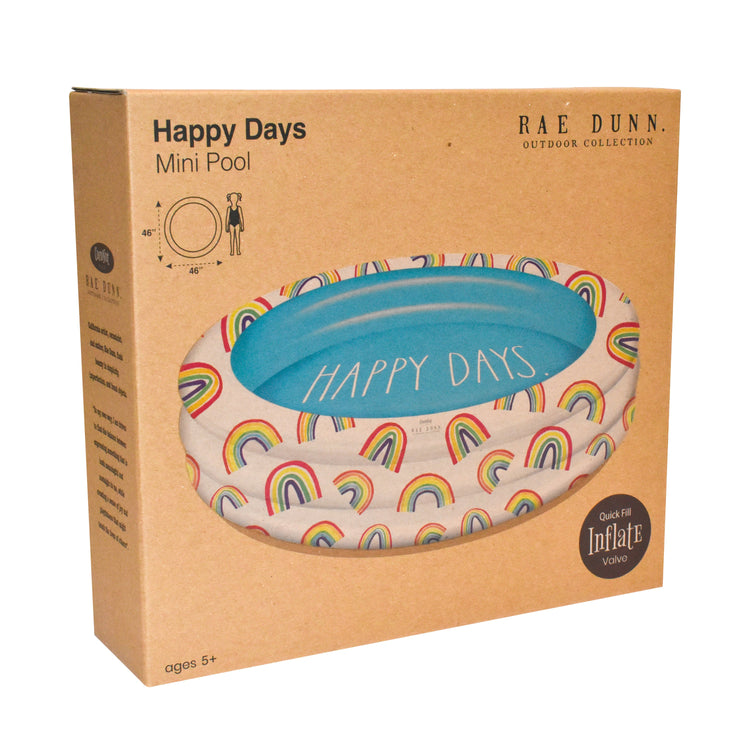 Packaging of a 'Happy Days' mini pool with rainbow design, featuring the brand 'Rae Dunn'.