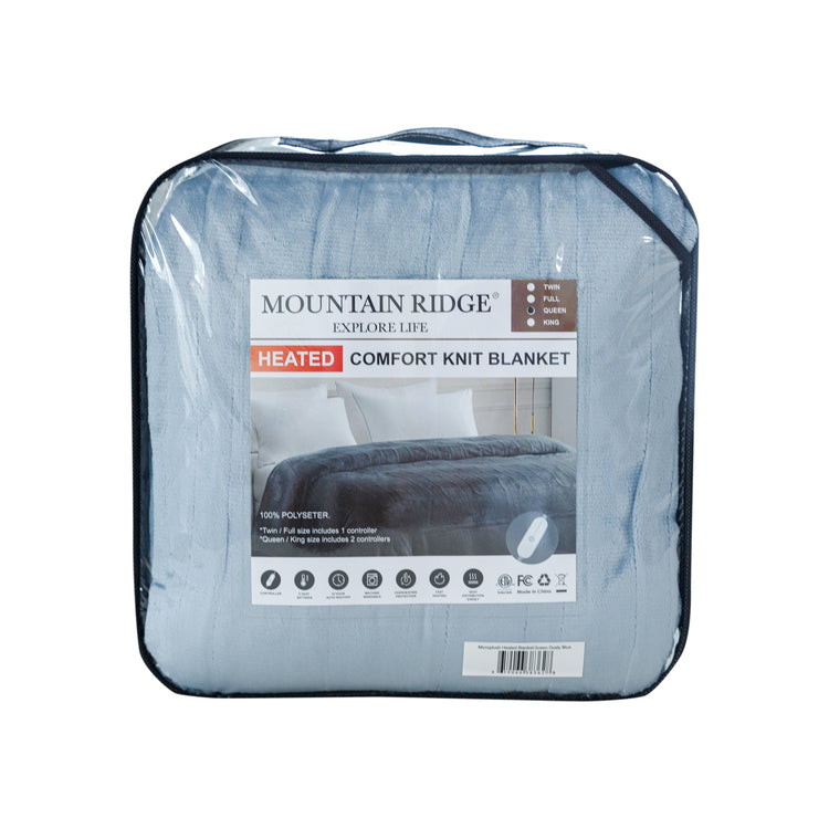 Packaged Mountain Ridge comfort knit blanket with clear cover on a white background