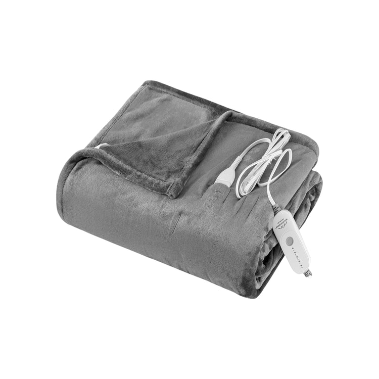 Gray electric blanket with a power cord on a white background