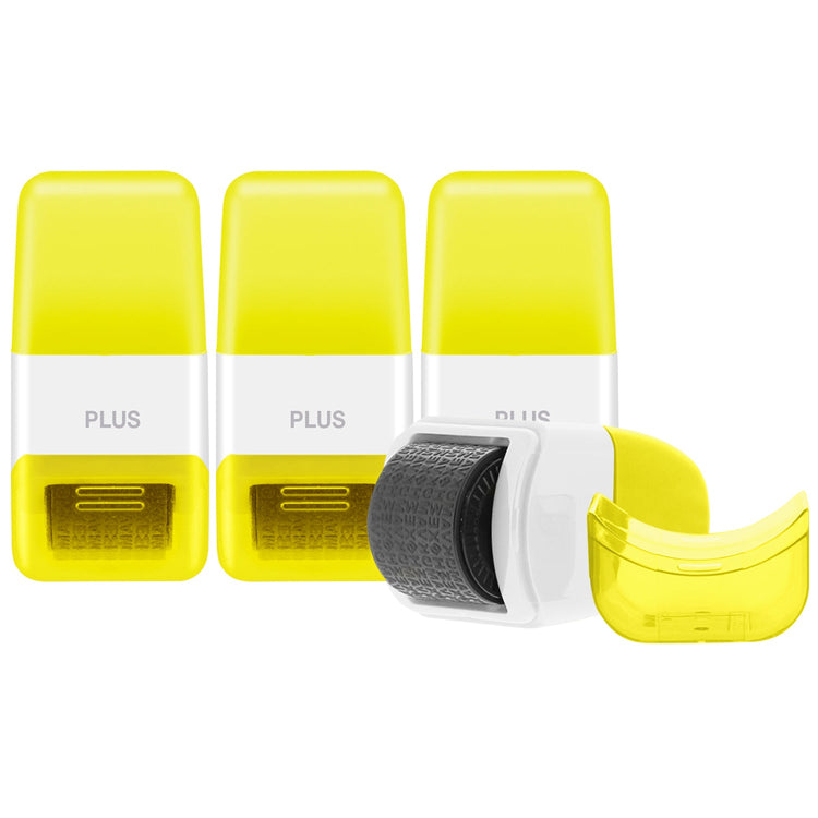 Three yellow Plus brand pencil sharpeners with a black roll of tape on a white background