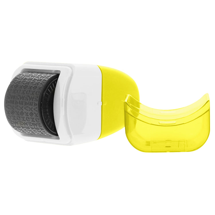 Roll of tape with a textured black end and yellow casing on a white background