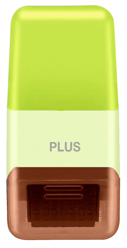 Green and brown device with 'PLUS' branding on a white background