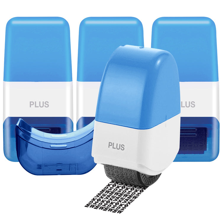 Blue and white PLUS brand label printer with a roll of barcode tape on a white background