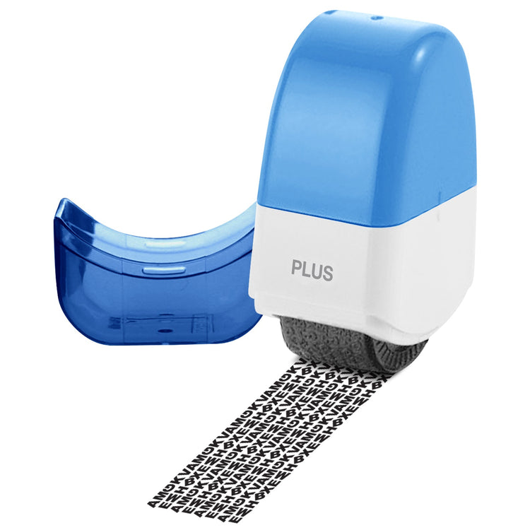 Blue and white stamp with a visible brand name on a white background