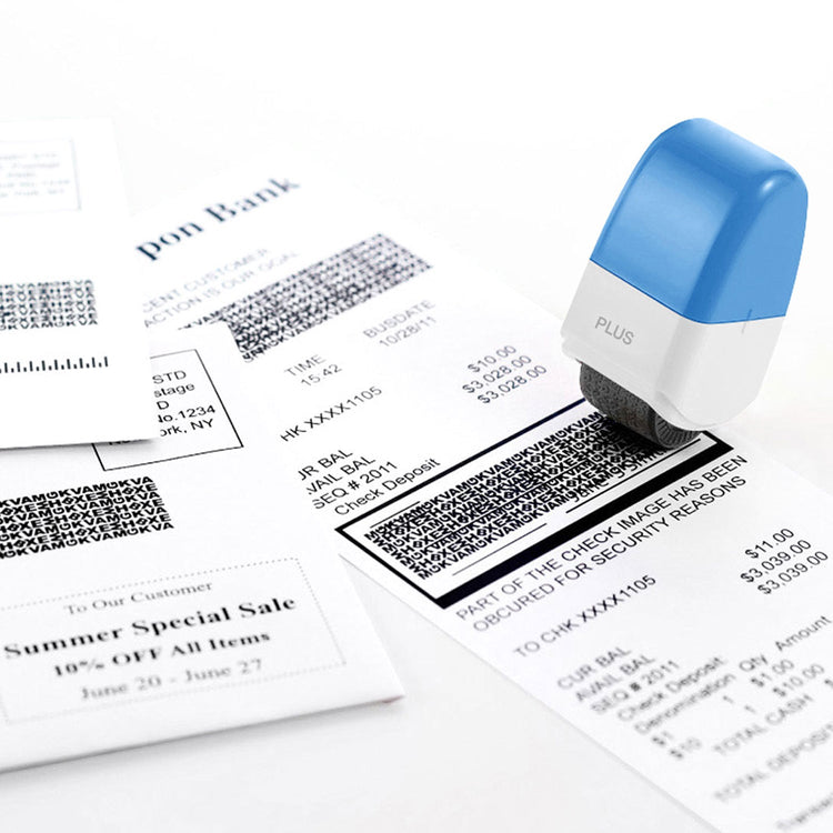 Blue and white stamp on a document with printed text and barcodes