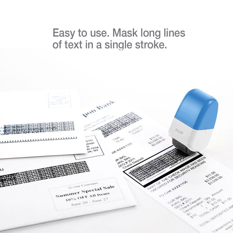 Stamper with text masks on documents, emphasizing ease of use.