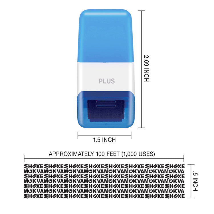 Blue and white device with dimensions and text on a white background