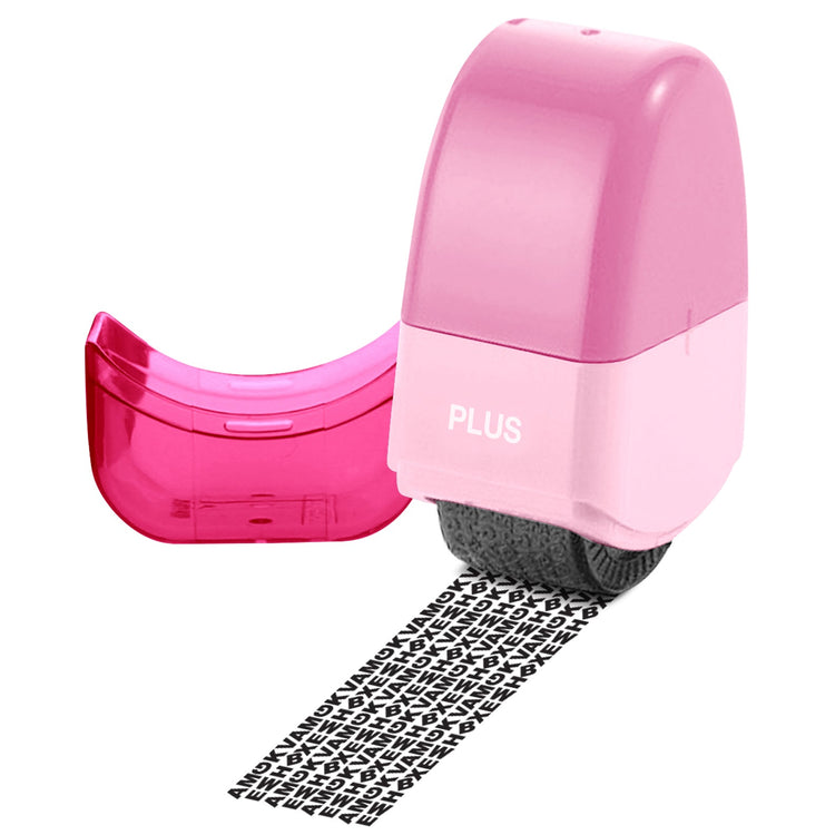 Pink stamp with black and white patterned ink pad on a white background