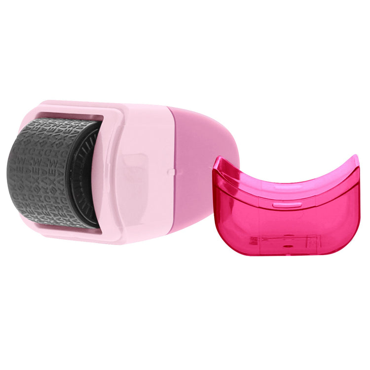 Pink and black roller with a clear pink container on a white background