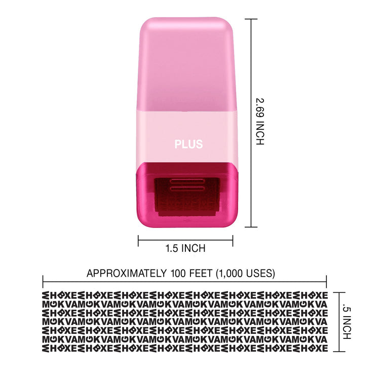 Pink and red device with dimensions and text on a white background