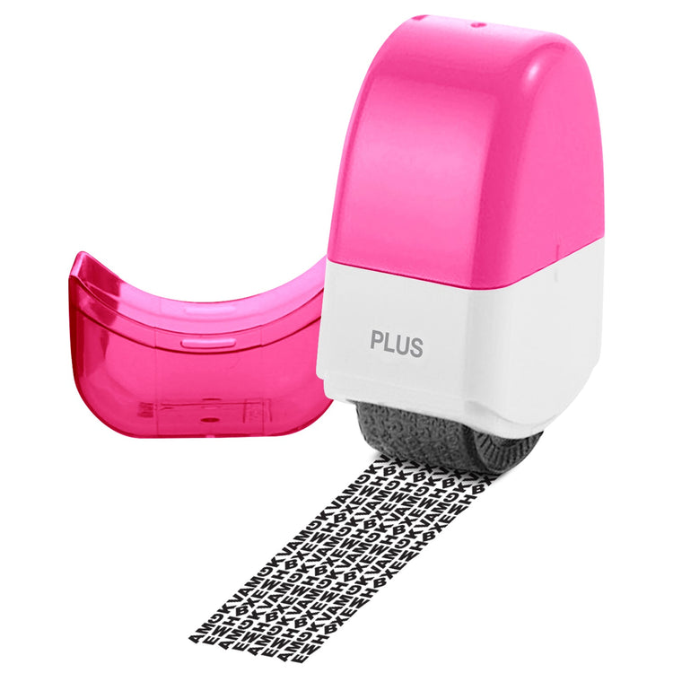 Pink and white stamp with black and white patterned ink pad on a white background