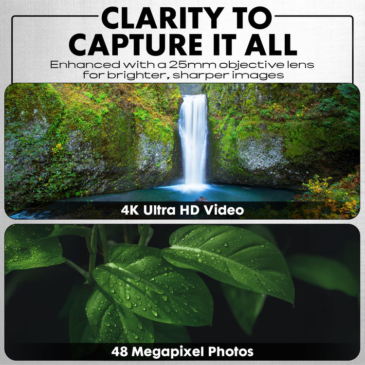 Collage of a waterfall and leaves with text about camera features.