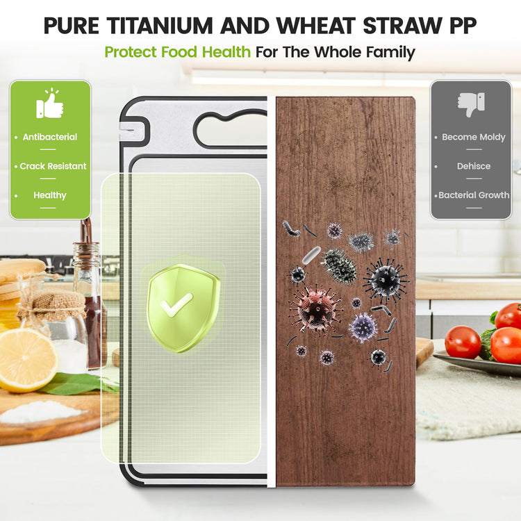 Product packaging with text about pure titanium and wheat straw PP, showing benefits and a shield icon.