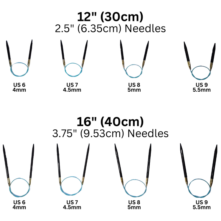 Knitting needle size chart showing different lengths and sizes on a white background.
