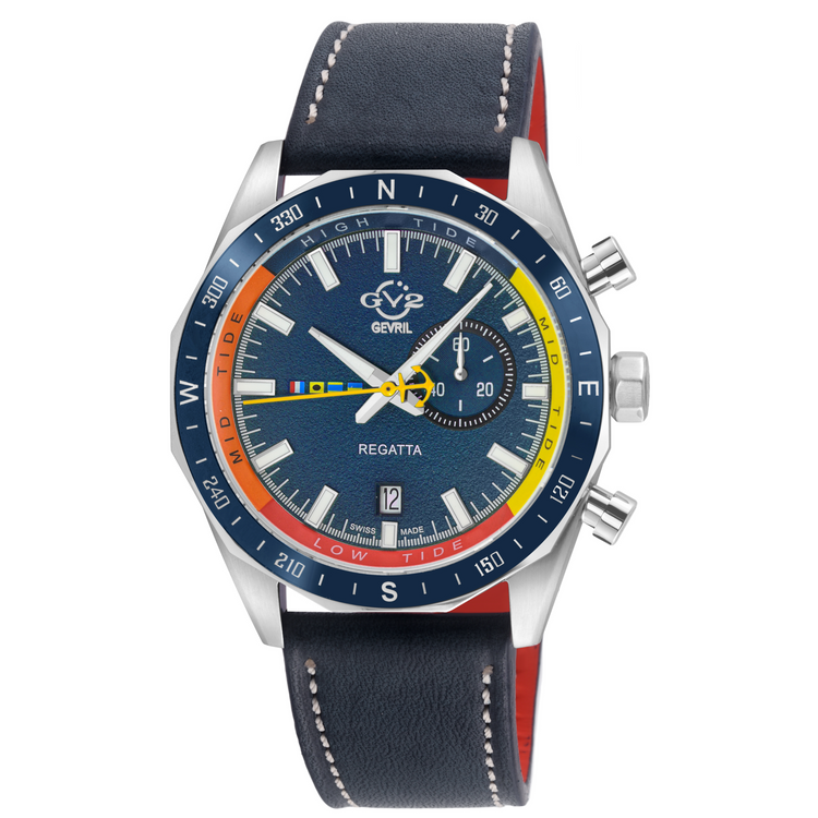 GV2 Men's Regatta Swiss Quartz Watch with stainless steel band and multicolored dial including a tide cycle indicator and a date window.
