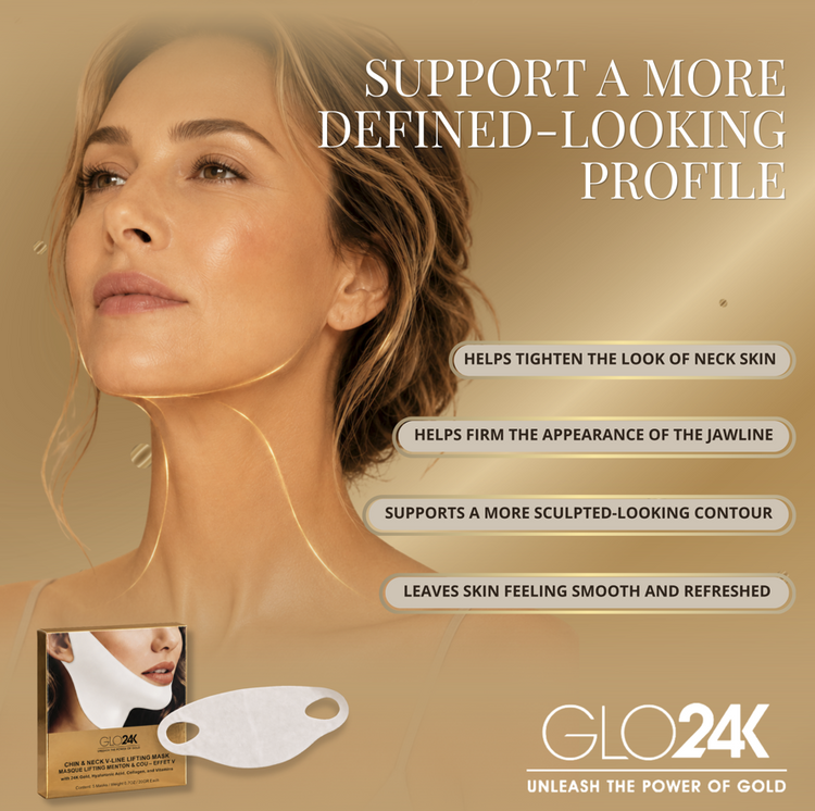Promotional beauty graphic for GLO24K neck contouring pads. A woman's face and neck are shown against a warm beige background with text claiming support of a more defined-looking profile.